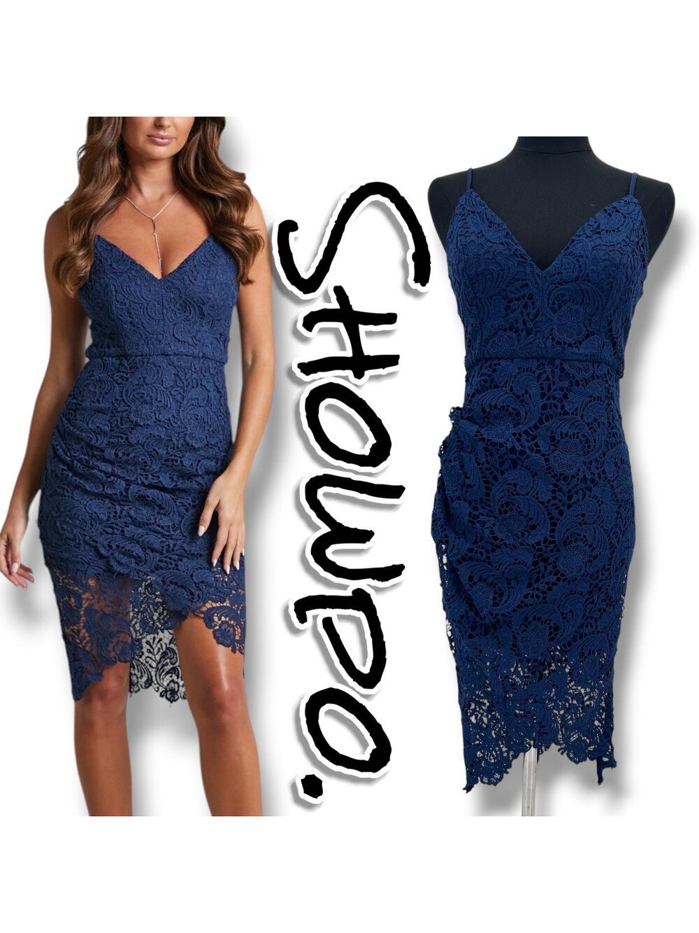 Showpo Typical Lover Navy Lace Midi Dress 8 Ruched V Neck Bodycon Cocktail Date